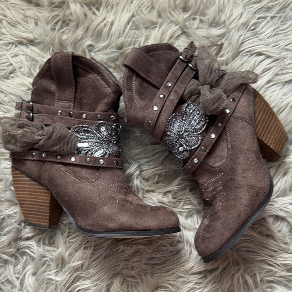 Not Rated Brown Heeled Boots with Studded Straps